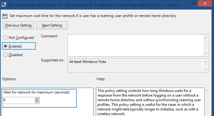 Set max wait time for the network if the user has a roaming user profile or remote home directory