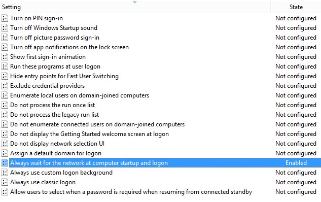 gpedit.msc - Always wait for the network at computer startup and logon