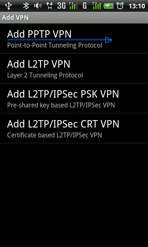 Pas3. - Selectati Add VPN->Add PPTP VPN (Point-to-Point Tunneling Protocol)